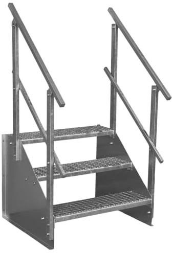 SRM Design 3 Stufen Standtreppe Stahltreppe Wangentreppe Gitterrosttreppe Außentreppe Industrietreppe freistehend Breite 100cm Höhe 63cm verzinkt beidseitiges Geländer