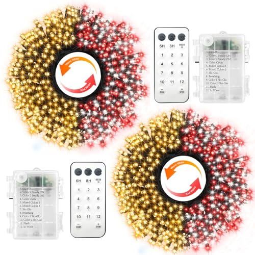 CCILAND Paquete de 2 tiras de 10 m con 100 luces LED que cambian de color, funciona con pilas, blanco cálido y rojo blanco, 8 modos de luces de Navidad para exteriores con control remoto, luces de