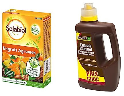 SOLABIOL SOAGY750 Engrais Agrumes Action Longue Durée | 750 GR, 0.75 liters L, Marron, 16 x 5 x 23 cm & SOLICOMP1 Engrais Complet Liquide 1L - Engrais universel | Utilisable en Agriculture Biologique