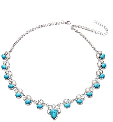 fdsmall Halsketten für Frauen Boho Vintage Statement Silber Türkis Opal Teardrop Perlen Anhänger Choker Kette Halsketten Schmuck Geschenke für Dame und Mädchen