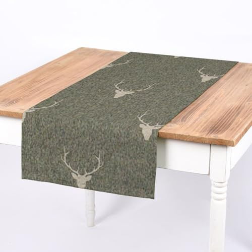 Tischläufer Jacquard Hirschkopf Geweih grün beige von SCHÖNER LEBEN.