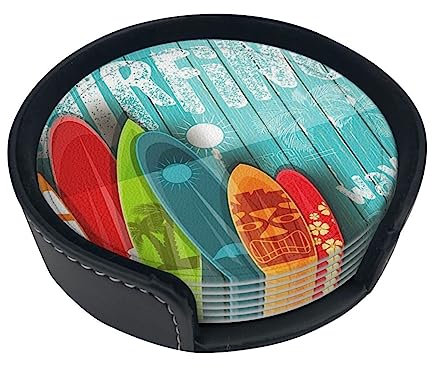 Surfbrett auf Holz-Leder-Untersetzer, 6 Stück, mit Halter für Damen und Herren, für verschiedene Tassen, Tische und Heimdekoration, 10,2 cm