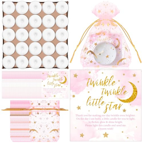 50 Sets Twinkle Twinkle Baby Shower Candle Favors 50 Pcs Tealight Candles for Guests with 50 Moon Star Organza Bags and 50 Little Star Thank You Tags for Gender Reveal(Pink)