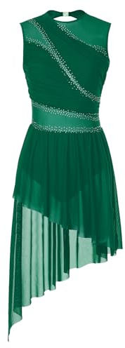 TiaoBug Damen Eiskunstlauf Kleid Ballettkleid Patchwork Mesh Strass Ballettanzug Gymnastikanzug Tanzkleid Skater Tutu Rock Grün L L