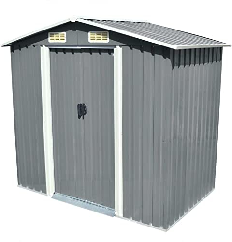 Hovothy Gerätehaus 204x132x186 cm Gartenschrank Wetterfest Geräteschuppen Stahl Gartenhaus Metall Fahrradunterstand Kaminholzregal Blechhütte Grau