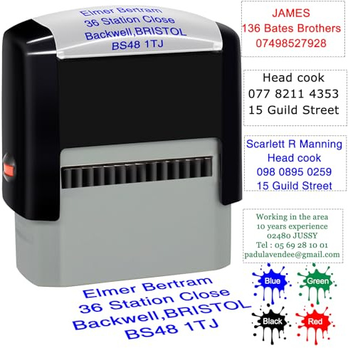 Personalisierter Stempel, selbstfärbender Gummistempel, für Geschäftsadressen, personalisierbar, Datumsstempel, bis zu 4 Zeilen, 47 x 18 mm, 4 Farben und Schriftarten zur Auswahl…