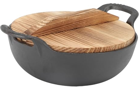 Topiky Gusseisen Wok Pfanne mit 2 Griffen und Holzdeckel, Unbeschichteter Chinesischer Traditioneller Wok, Tiefe Bratpfanne mit Flachem Boden für Elektro-, Induktions- und Gasherde, Zum