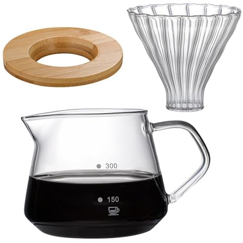 Pour Over Coffee Maker, Glass Coffee Pot, Glass Pour Over Coffee Carafe, Manual Coffee Dripper Brewer, Drip Coffee Maker Set for Home or Office(S-300ml)