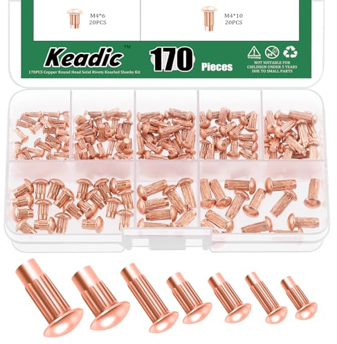 Keadic 170Pcs M2/M2.5/M3/M4 x 6/8/10mm Copper Brazier Head Solid Rivet Assortment Set, Solid Rivet Fasteners for Repairing Boats Furniture Electrical Automotive