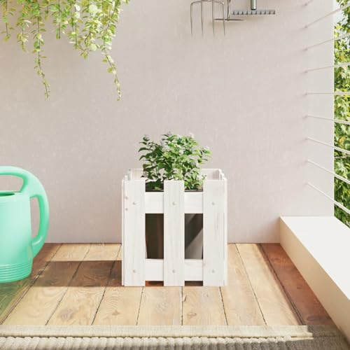 Homgoday Vit staket trädgård blomlåda 30 x 30 x 30 cm massiv tall, grillad planteringskruka för trädgård, utomhusplatta, blomlåda balkong