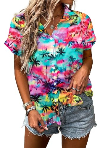 Women Hawaiian Shirt Soft Cool Summer Hawaii Tshirts Beach Tropic Print V Neck Button up Tops Floral Short Sleeve Tops