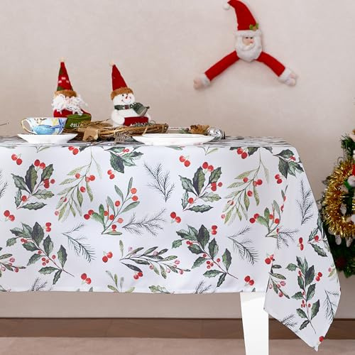 RYB HOME Mantel Navideño Rectangular Decorativo con Motivos de Acebo - Blanco, Resistente al Agua, Cubierta de Mesa 140 x 260 cm, Verde Acebo