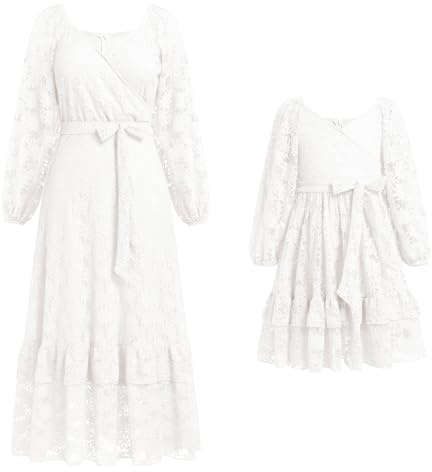 IBAKOM Robe assortie pour maman et moi - Manches longues - Robe décontractée bohème - Robe de plage - Automne - Hiver - Pour femme et fille - Tenue assortie, Blanc., 8-9 ans