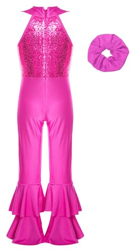 JEATHA Tuta Lucida da Danza Jazz per Bambina Ragazza Jumpsuit Paillettes con Copricapo Tuta da Balletto Balerina Spettacolo Teatrale Dancewear Rosa caldo 13-14 anni