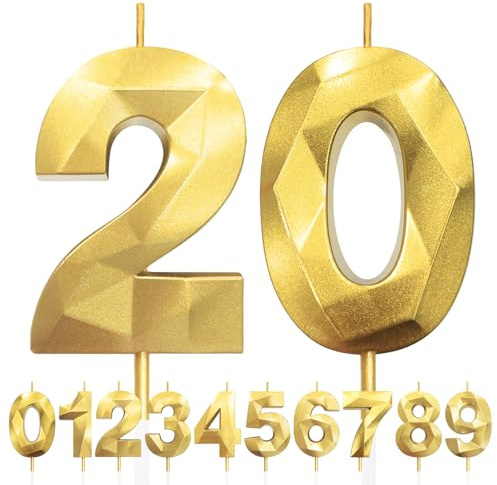 Geburtstagskerzen zum 20. Geburtstag, goldene Kerzen, 3D-Kerzen, Geburtstagskerzen, Kuchendekoration für Geburtstagsfeier, Hochzeit