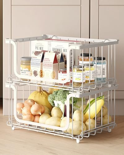 UMDONX 2er Obstkorb Drahtkorb mit Henkel Stapelbar Metallkorb Weiß 39,5x32,5x20cm Groß Rechteckig Gitterkörbe Aufbewahrungskörbe für Obst und Gemüse