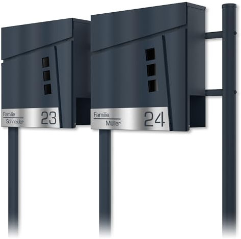 Buzón Doble Independiente con Base Antracita RAL 7016 - Buzón de Ventana Personalizado Acero Inoxidable Nombre número de casa Grabado láser con Cerradura
