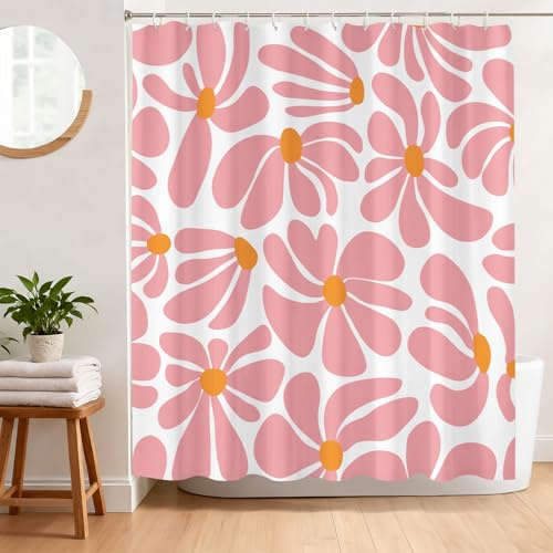 BREASOME Duschvorhang 180x180 cm Anti-Schimmel Duschvorhang Abstrakt Rosa Blumen Stoff Polyester Wasserdicht Badewanne Vorhang mit Ösen und 12 Haken