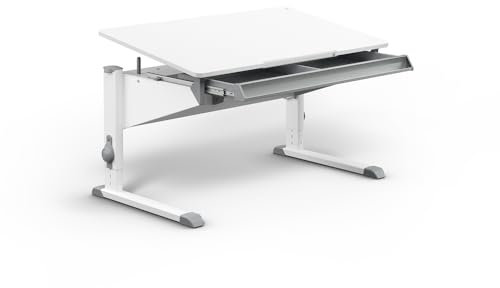 Moll Bandit mit Schublade | Kinderschreibtisch höhenverstellbar | mitwachsend, ergonomisch & neigbar für aufrechtes Sitzen | ideal für Schulkinder | Schreibtisch weiß | Made in Germany