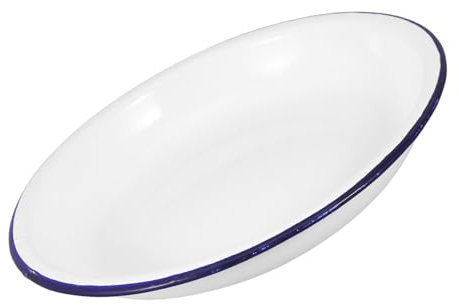 POPETPOP Vintage Deep Enamel Plate 18cm Thick Porcelain Dinnerware Dish Raised Rim for Outdoor Camping Picnic and Indoor Serving, Single Sturdy Metal Mixing Bowl