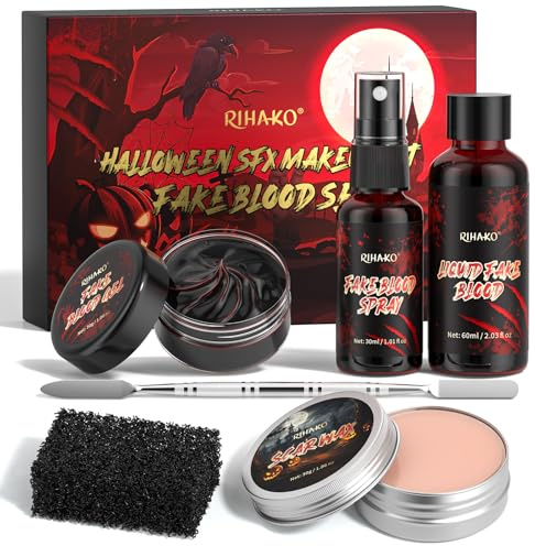 Kit de Maquillage Halloween Avec Faux Sang, Spray, Liquide, Gel, Cire Pour Cicatrices, Grattoir, éPonge, 6 en 1 pour Effets SpéCiaux, Costumes et Zombies
