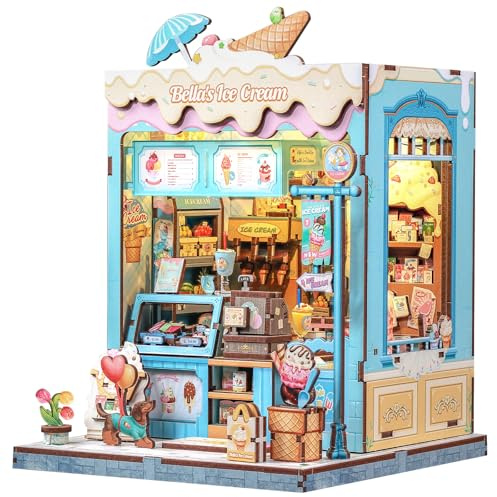 CUTEBEE Book Nook Kit - DIY Dockhus Med LED-belysning,Ett Sött Miniatyrhus Av Sommarglädje,3D Trä Bokstöd, Bokhyllsdekor,Gåva till Vuxna (Bella's Ice Cream)
