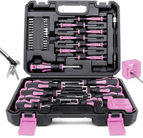 Amartisan Jeu de 43 tournevis magnétiques avec étui, tournevis plats, Phillips, hexagonaux, cruciformes, Torx et de précision, outils de démagnétiseur pour homme - Rose