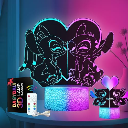 Dagydali 2 Stück Stitch Nachtlicht für Kinder, Stitch Lampe, Stitch Spielzeug ab 2 3 4 5 6 7 Jahre Jungen Mädchen Geschenke, 3D LED Nachttischlampe, 16 Farben Ändern mit Fernbedienung