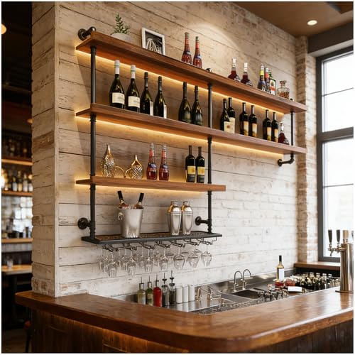 Portabottiglie da parete con supporto in vetro LED, Porta Industriali Bottiglie Di Vino Con Ripiano Espositivo, Enoteca Galleggiante A Parete in Legno, applica casa bar sala da pranzo (150cm)