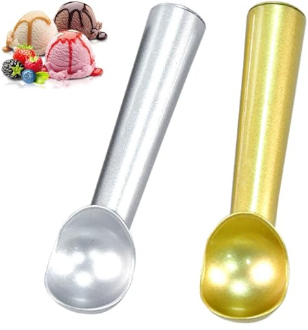 2 Pcs Ice Cream Scoop Icecream Scoop i e Cream Scoop Nonstick Anti-Freeze One Piece Aluminum Scooper Spoon, Heavy Duty Gelato, Cookie Dough, Sorbet, Almond, Melon Balls（Silver Gold）