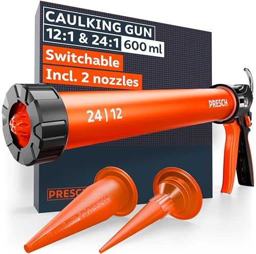 Presch Sausage Caulking Gun 600ml incl. 2 Nozzles – Sausage Gun switchable 24:1 & 12:1 Thrust Ratios for All Sealants & Adhesives (Acrylic, Silicone & PU) – 360° Rotating Barrel with Anti-Slip Grip