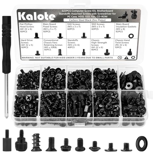 Kalote 522PCS Computer Screw Kit, Carbon Steel Rust-Resistant Laptop PC Screws Assortment Set with M.2 SSD Screws, Motherboard Standoffs, HDD Case Fan Screws & Gaskets for ASUS Gigabyte MSI HP Dell