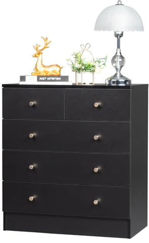 LEADZM Kommode Schlafzimmer Kommode mit 5 Schubladen, Schwarz | für Wohnzimmer, Schlafzimmer, Flur, Schrank, Sideboard, Highboard, viel Stauraum