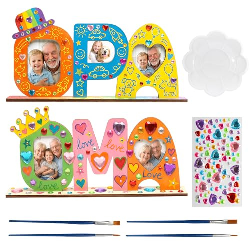Oma Opa Geschenk 2 Stück Geschenk Geburtstag für Oma und Opa von Enkel Holzbuchstaben Bilderrahmen mit Standhilfe und Pinseln DIY handgemachte Weihnachten Geburtstag Geschenk für Großelter