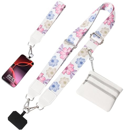 KASESSS Handykette mit Tasche, Handy Kette mit Portemonnaie, Handyband zum Umhängen, Handy Umhängeband mit Geldbörse, Verstellbar Handy Band, Phone Strap mit Portmonee, Handykette Halterung, Weiß