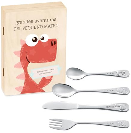 Maverton Cubiertos Acero Inoxidable Personalizado con Grabado - Set de 4 Piezas - Regalos Personalizados en Caja para Niños Bebe - Cutlery Set para Comunion Bautizo 1 año - Aventuras