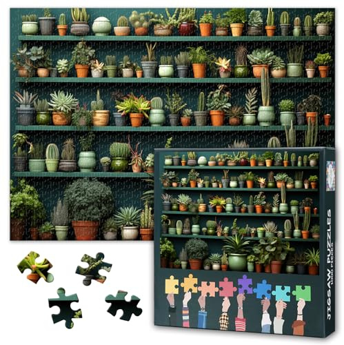 Puzzles for Adults 1000 Piece, Jigsaw Puzzles Many Different Cactus in Pots on the Shelves, Hard Difficult Challenging Puzzle for Plant Lover - 50x70 cm