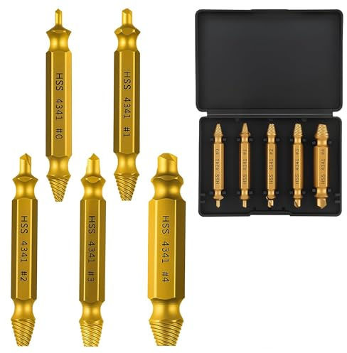 5 Piezas Extractores de Tornillos Dañados HSS, 4341 Extractores para Rotos con Revestimiento de Titanio, Juego Profesional para Quitar Tornillos y Pernos Rotos Oxidados con Estuche Portátil