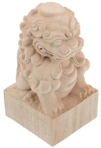 Housoutil Decorative Garden Decor Beige Wood Material Can Be Painted Or Stained Unfinished Wooden Lion Post Finials Vintage Elegant Guardian Statue for Artificial Bridges for Outdoor