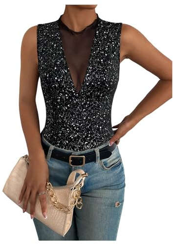 GORGLITTER Women's Glitter Sparkle Contrast Mesh Vest Tops Crewneck Sleeveless Skinny Tank Tops Clubbing Outfits Black Medium