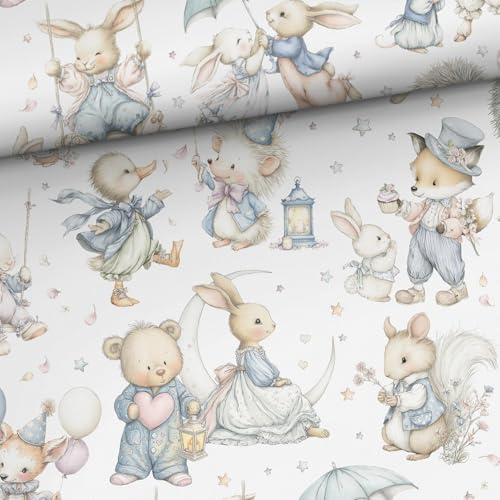 Tessuto Cotone Fantasia Bambini 100 cm x 158 cm Stoffa per Cucito, Tessuti al metro, Stoffa cotone al metro, Cotoni per cucire, Stoffe per bambini (Coniglietti)