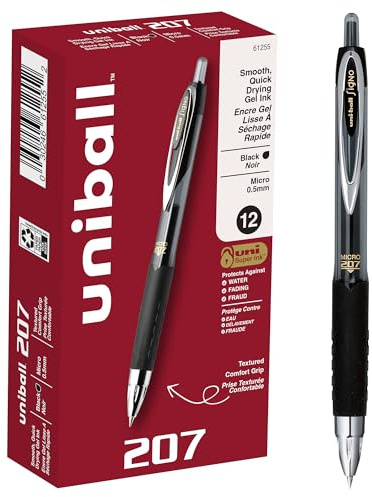 uniball 207 Retractable Gel Pens, Micro Point (0.5mm), Black, 12 Pack