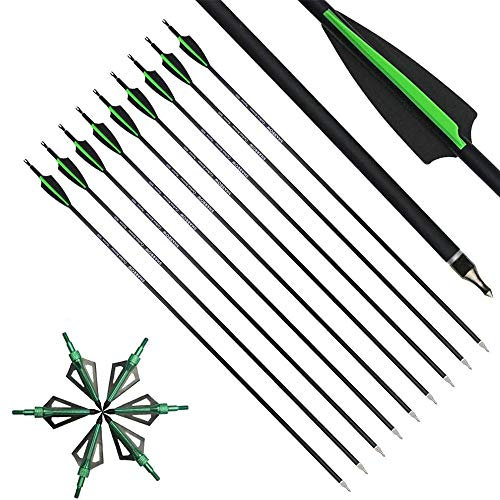 MILAEM 12Pcs 30 Zoll Carbon Pfeile für Bogenschießen Jagd Spine 500 Jagdpfeil Zielpfeile für Recurvebogen Compoundbogen Outdoor Schießen (Grün + 12pcs Broadhead)