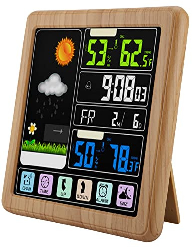 Station météo sans fil avec réveil, thermomètre intérieur extérieur hygromètre hygromètre avec icônes météo, prévisions météorologiques, affichage de l'heure(marron)