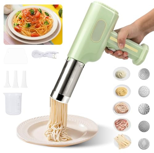 Kswiown Macchina per la pasta elettrica a mano, portatile elettrica spaghetti 2600mAh, ricaricabile macchina per pasta palmare, 5 stampi per pressa, 4 accessori