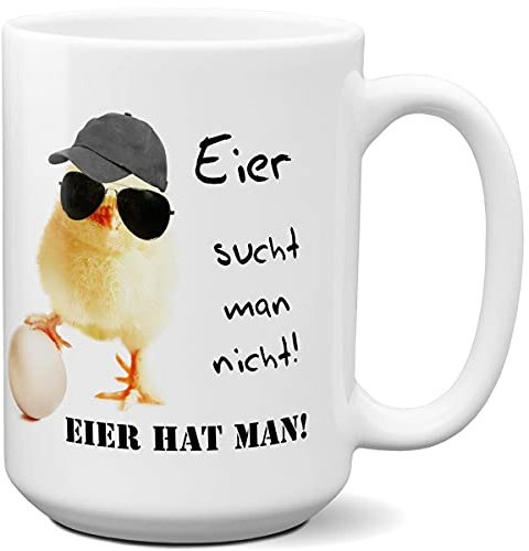 TRIOSK Jumbo Tasse Küken mit Hühner Spruch Eier hat man lustig Baby Huhn Geschenk für Männer Hühnerliebhaber Büro Kollegen Ostern Vatertag, Keramik 400ml