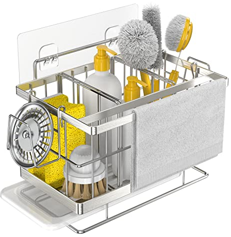 Damita Küche Spüle Caddy Schwammhalter, Edelstahl Schwammhalter für Küche Spüle, Seifen Organizer Spüle Caddy Organizer, mit Drain Pan für Bad Arbeitsplatten Lagerung, Silber