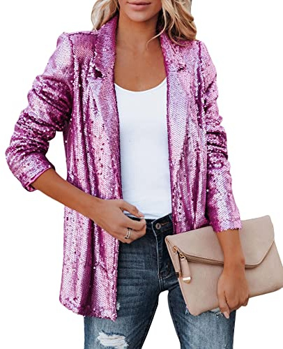 SEMATOMALA Women's Sequin Shiny Open Front Blazer Evening Party Sparkly Long Sleeve Slim Cardigan Coat RO-L