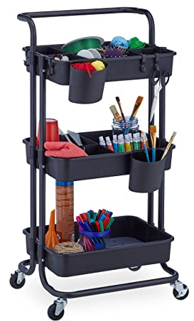 Relaxdays Rollwagen, 3 Etagen, 2 Bremsen, Allzweckwagen für Küche und Büro, Rollregal HBT: 86x43x42 cm, Metall, schwarz