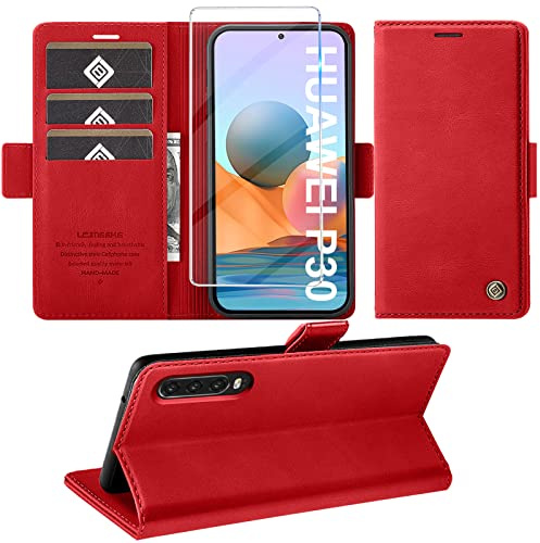 Giyer Handyhülle für Huawei P30 Hülle mit Schutzfolie, Standfunktion Kartenfach Wallet Premium Leder Schutzhülle P30 Flip Case Cover Stoßfeste Klapphülle P30 6.1 Zoll
